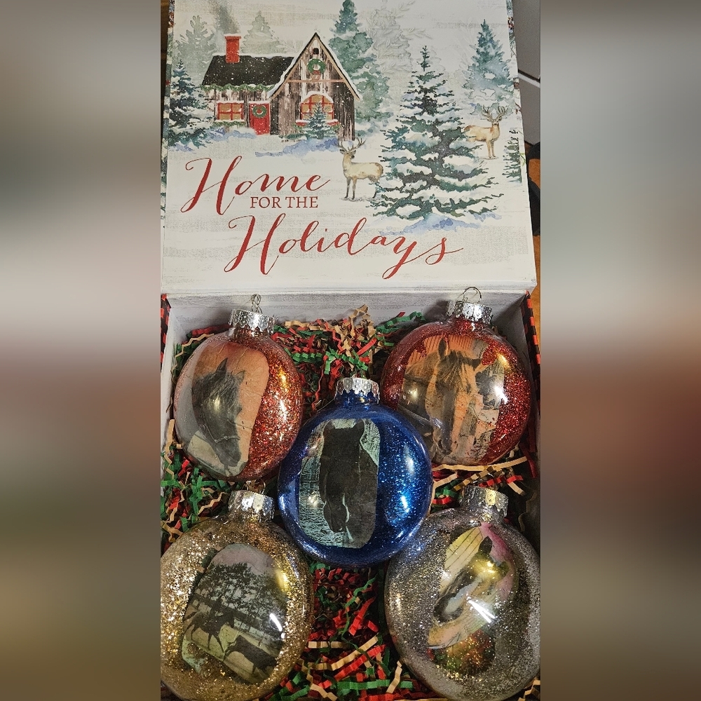 Festive Set of 5 Glass Christmas Ornaments Cowboy Western Horse Theme Vintage